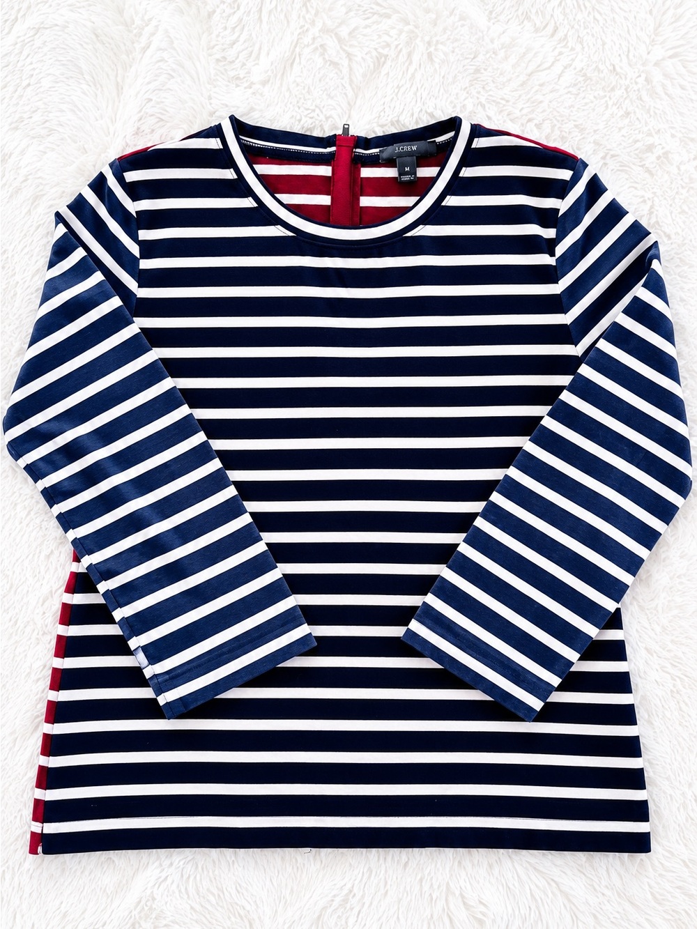J. Crew Navy & White Striped Long-Sleeve Top with Red Back Accent